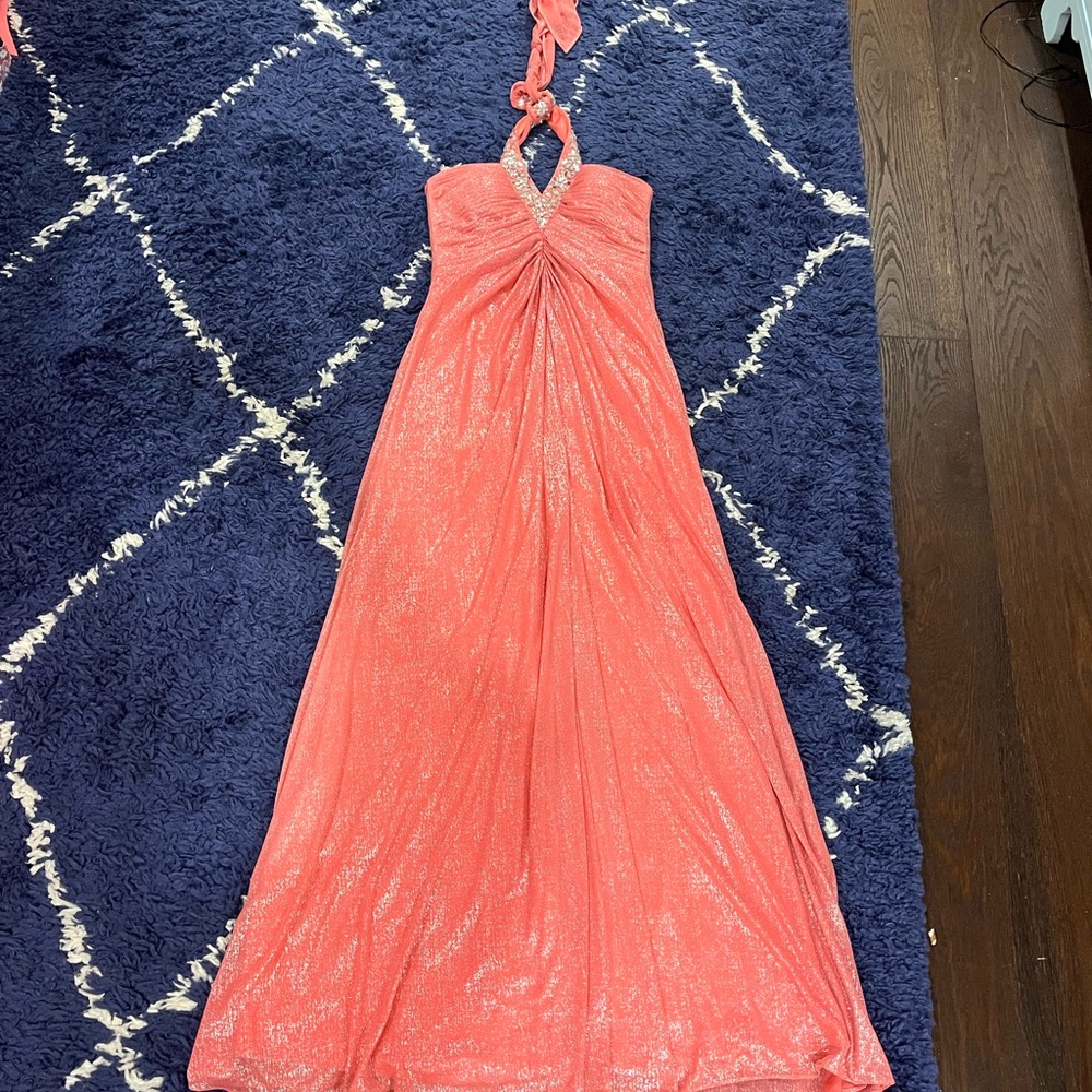 Halter Coral Sparkle Gown with Rhinestone Detail Size Small